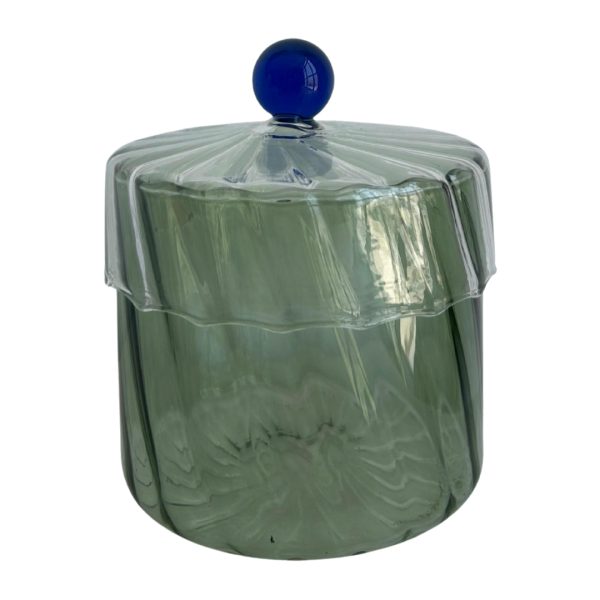 Green Glass Storage Jar with Blue Knob